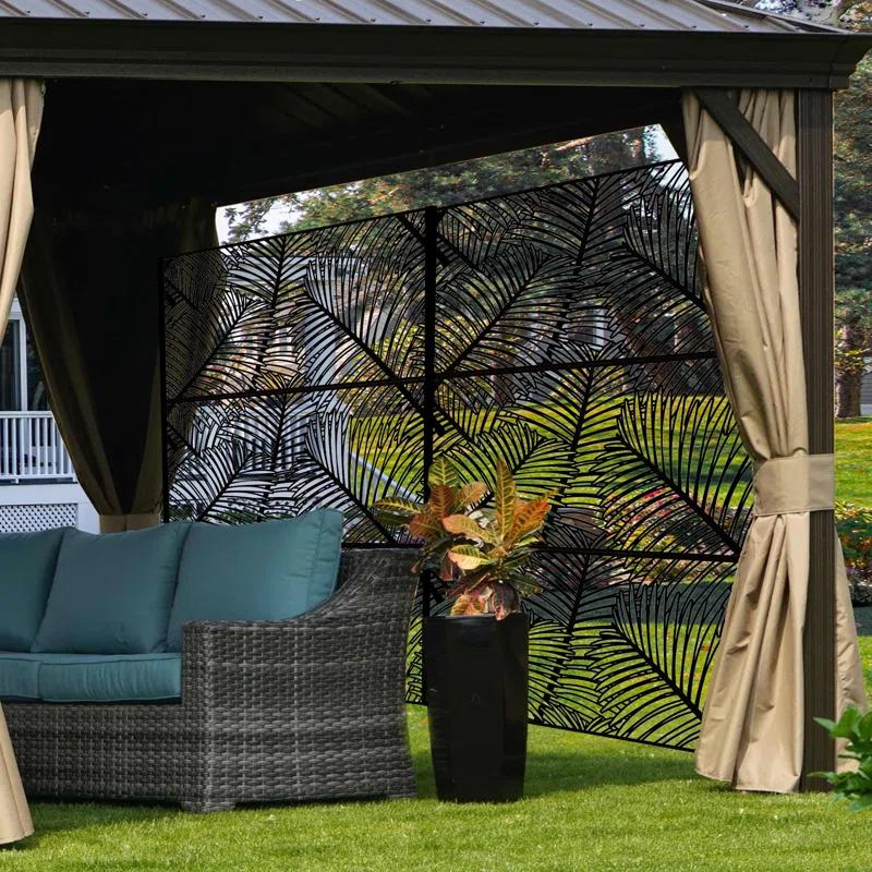 Kozyard Kozyard Metal Privacy Screen Decorative Outdoor Divider With Stand Panels (Black Palm Leaf)