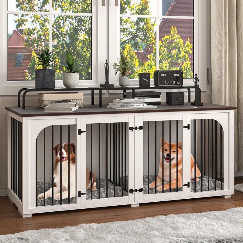 Tucker Murphy Pet™ 74.8" XXL Double Dog Kennel Furniture For Large Breed,Heavy Duty Wooden Dog Crate Cage Furniture Style With Storage Rack And Divider For 2 Dogs Indoor,White & Reviews | Wayfair