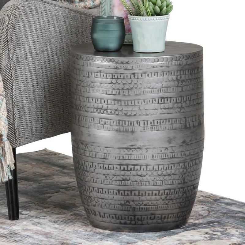 Simpli Home 15"W Metal Boho End Table with Drum Design and Textured Finish, Assembled