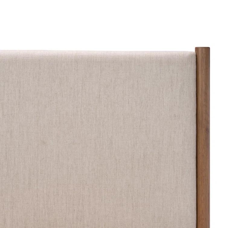 Queen Oak Upholstered Headboard Bed with Slats