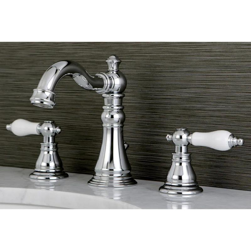 Kingston Brass American Patriot Two-Handle 3-Hole Deck Mount Widespread Bathroom Faucet with Retail Pop-Up Drain