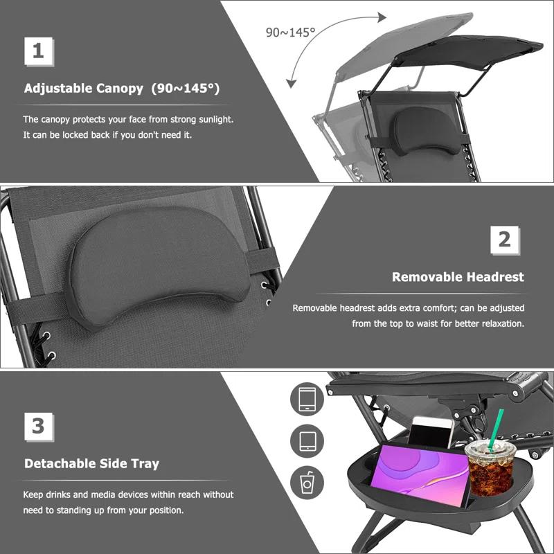 Arlmont & Co. Outdoor Folding Recliner Lounge Chair with Shade Canopy And Cup Holder