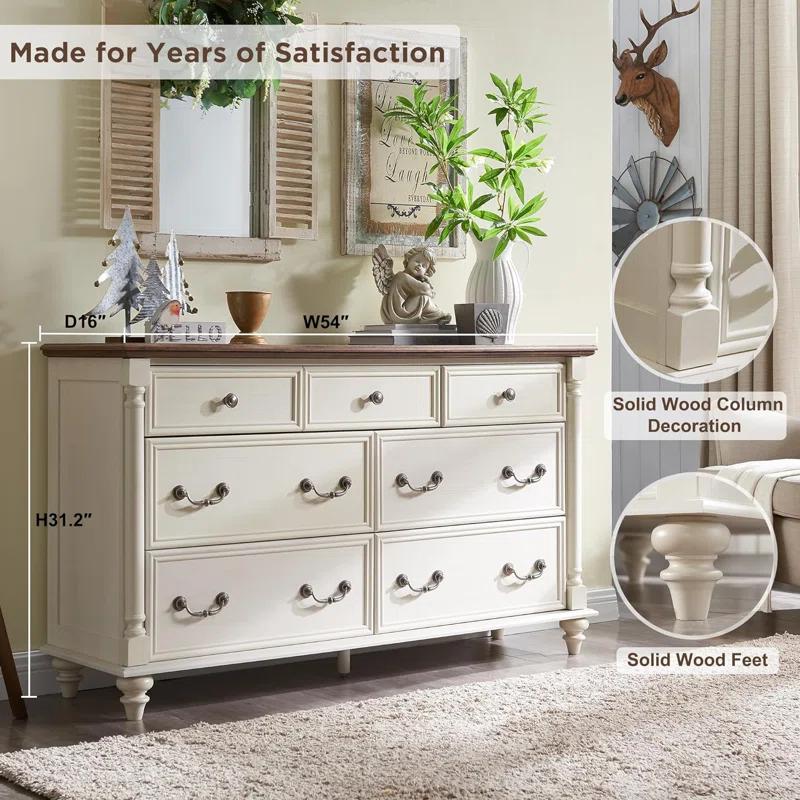 OKD Ojaswi Farmhouse 7 - Drawer Dresser, Wood Rustic Dresser Chest of Drawers with 2 Size Drawers for Bedroom, Living Room