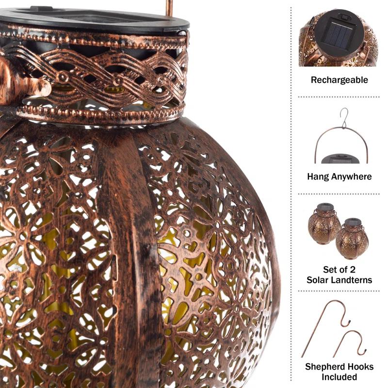Pure Garden 2 Solar Outdoor Lights - Hanging Or Tabletop Rechargeable LED Lantern With Hooks- Outdoor Decor (Set of 2)