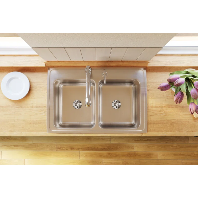 Elkay DLR332210PDMR2 Lustertone 33" L x 22" W Double Basin Drop-In Kitchen Sink with Drain Assembly