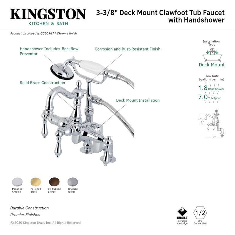 Kingston Brass Vintage Three-Handle 2-Hole Deck Mount Clawfoot Tub Faucet with Hand Shower