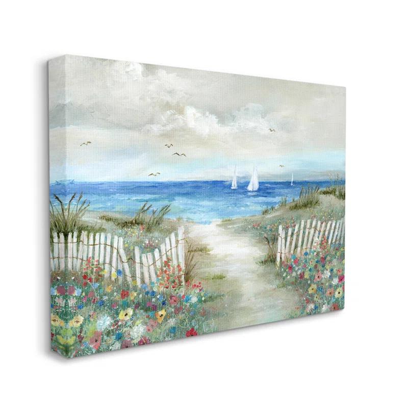 Stupell Industries " Tranquil Beachside Flower Meadow Ocean Sailboats Scene " by Nan Painting Print