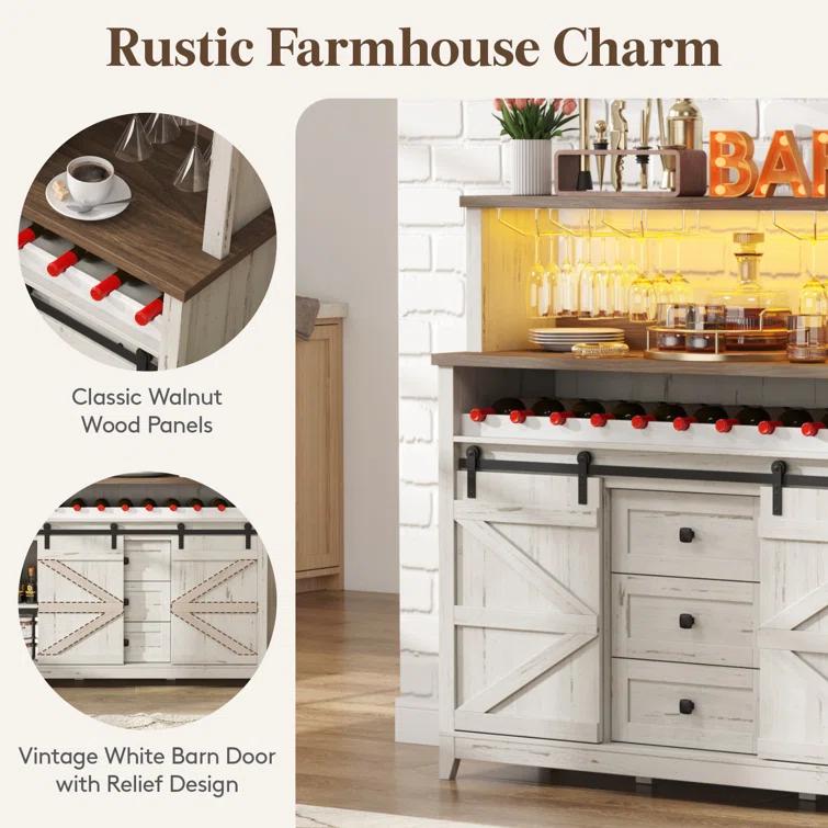 Gracie Oaks Farmhouse Wine Bar Cabinet With Sliding Bar Door And Led Lights, Sideboard With 2 Layers Tabletops, Wine And Glass Racks, 2 Storage Cabinets With Adjustable Shelf, 3 Drawers, Rustic White