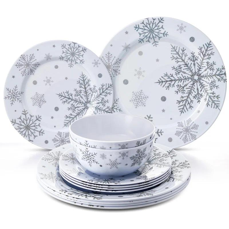 The Holiday Aisle® 12 Pcs Christmas Snowflake Melamine Dinnerware Set Plates And Bowls Set Include  Dinner Plates Plates Soup Bowl,Service For 4 For Christmas Winter Party Supplies