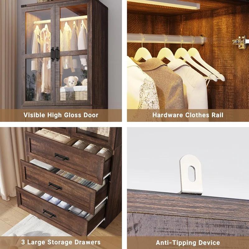 Ivy Bronx 75" Tall Farmhouse 2 Doors Armoire Wardrobe Closet with 3 Drawers and LED,Freestanding Closet