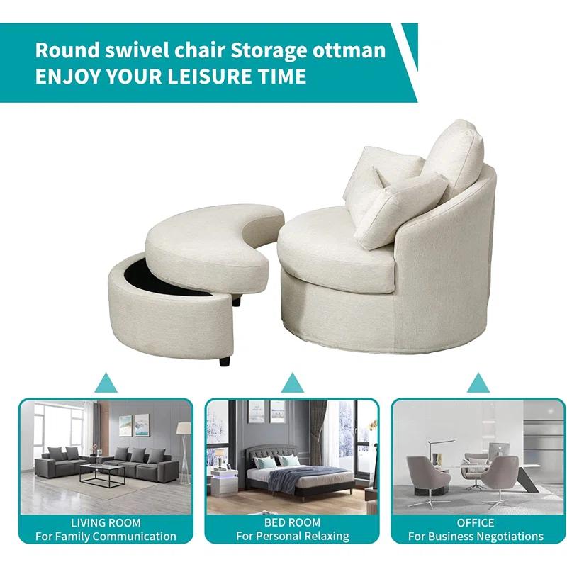 Beige Linen Swivel Barrel Chair with Storage Ottoman