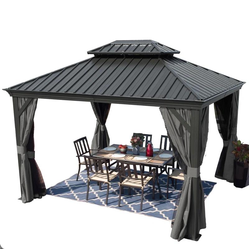 Kozyard Alexander Gray Double Roof Hardtop Gazebo with Privacy Curtain Mosquito Netting