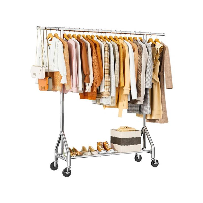 Heavy Duty Clothes Rack Load 450 LBS, Metal Garment Rack, Standing Rolling Clothing Rack for Hanging Clothes with Sturdy Wheels & Shelves, Portable Closet Wardrobe Rack,Sliver