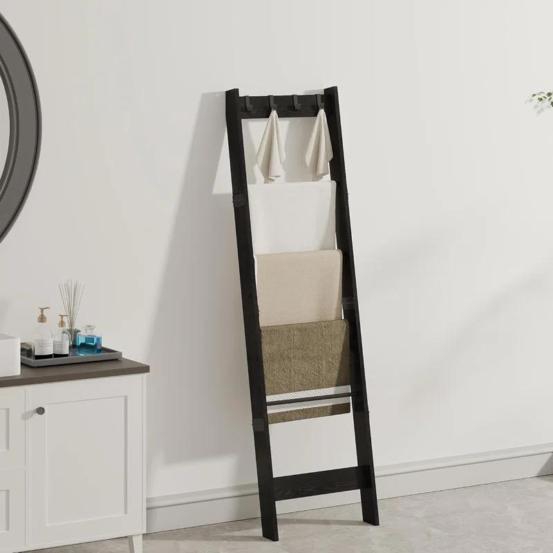 6 Tier Blanket Ladder Shelf For Living Room And Bedroom, Ladder Holder With 4 Metal Hooks, 5.2Ft Blanket Quilt Holder Rack, Farmhouse Ladder Rack For Storage And Home Decor