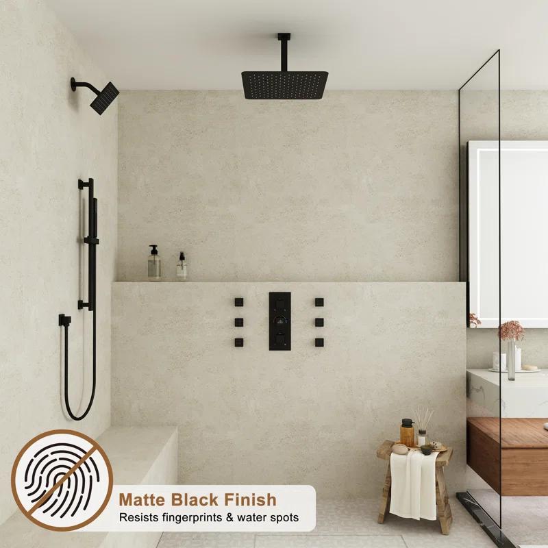 CASAINC Rainfall Symphony 16inch Dual Shower Head Rainfall Thermostatic Shower System with 16-inch Slide Bar and Body spray KCHS0019-16MB