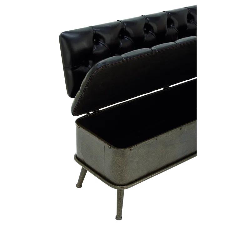 Williston Forge Black Metal Room Storage Bench with Tufted Faux Leather, 54" x 19" x 31"