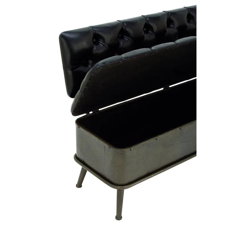 Williston Forge Black Metal Room Storage Bench with Tufted Faux Leather, 54" x 19" x 31"