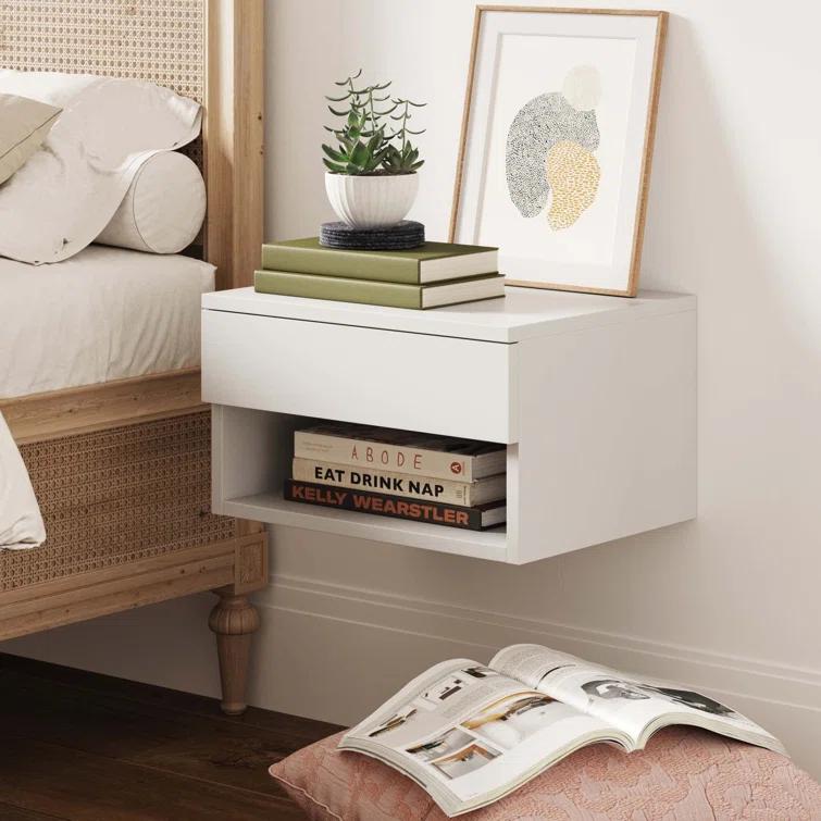 Nathan James Modern Floating Bedroom Nightstand with Storage Drawer and Open Shelf Cubby