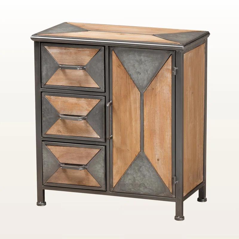 Livi Homes Vortex 3-Drawer Accent Storage Cabinet in Rustic Industrial Antique Grey Finished Metal and Whitewashed Oak Brown Finished Wood