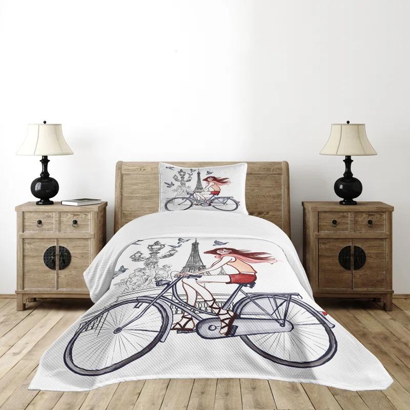 Ambesonne Ambesonne Paris Bedspread Set Woman on Bike Eiffel Grey Red Peach