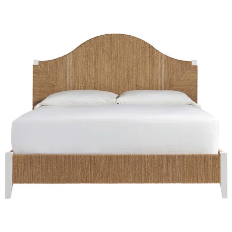 King Transitional Brown Pine Upholstered Panel Bed