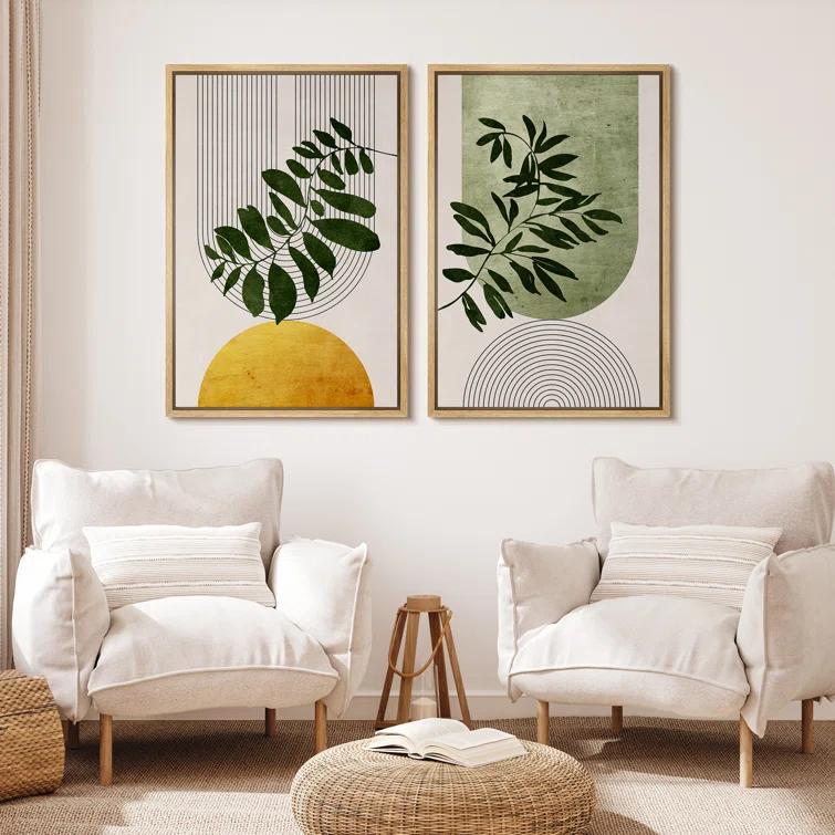 IDEA4WALL Mid Century Modern Boho Green Yellow Bright Plant Art Framed Canvas 2 Pieces Print  Wall Art Set