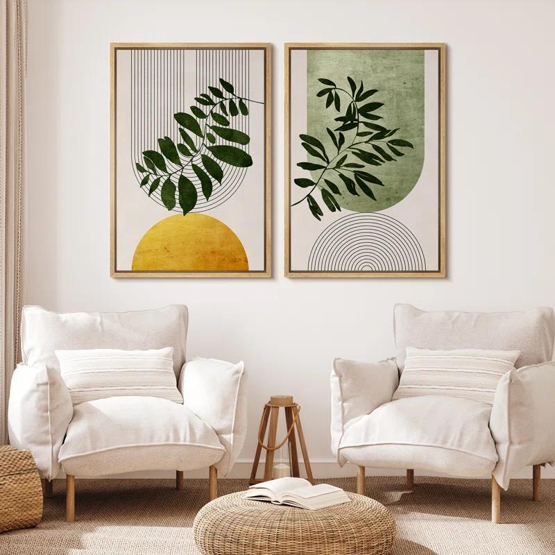 Mid Century Modern Boho Green Yellow Bright Plant Art Framed Canvas 2 Pieces Print  Wall Art Set