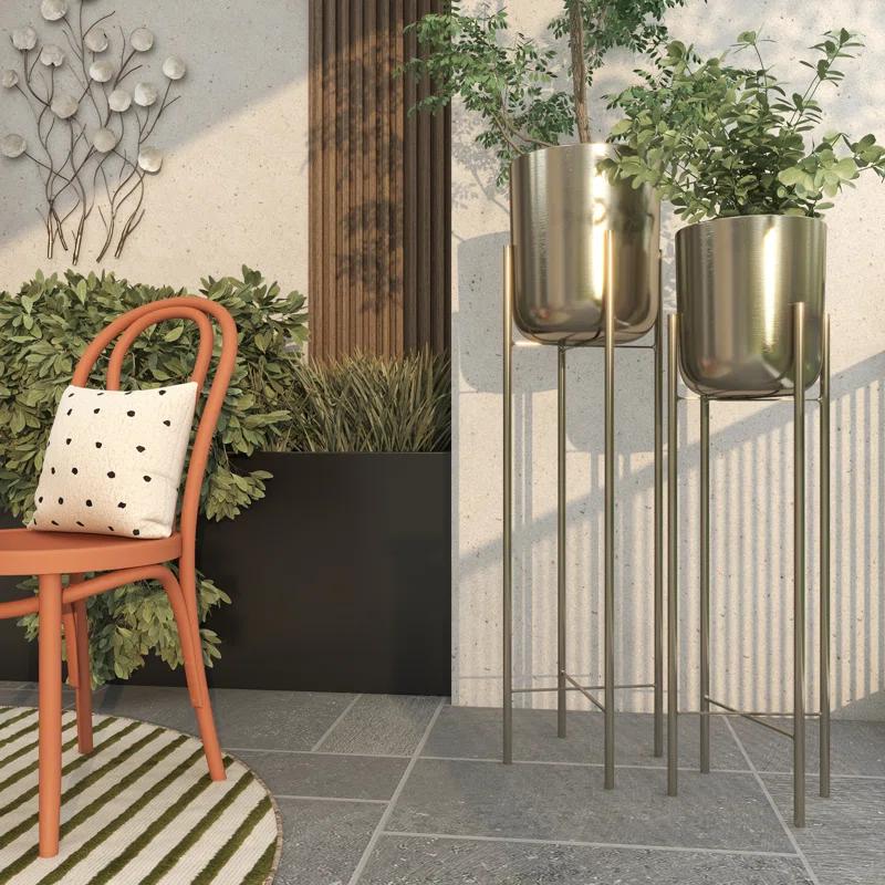 CosmoLiving by Cosmopolitan 2 - Piece Silver Metal Tall Indoor Outdoor Dome Indoor Outdoor Planter with Removable Stand Set
