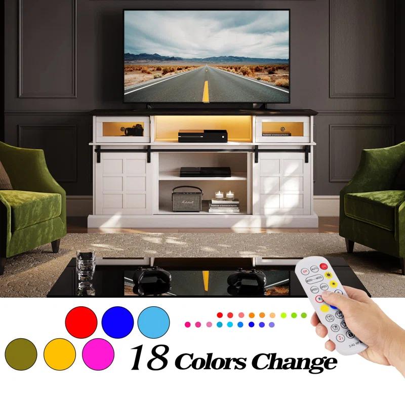 Farmhouse TV Stand W/LED Light, White TV Stand For 65 Inch Tvs, Entertainment Center TV Cabinet Stands With Flip Drawers, Sliding Barn Door TV Center Media Console Table For Living Room Bedroom