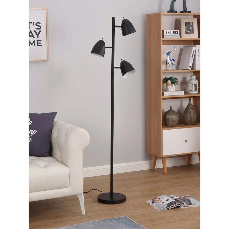 Brightech Jacob 64" Modern 3-Light Adjustable LED Floor Lamp with Black Finish and Metal Cone Shades, Bulbs Included