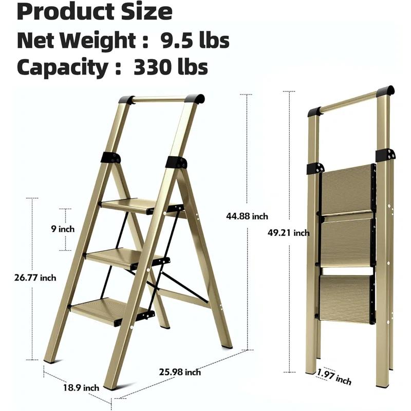 WFX Utility™ 3-Step Foldable Aluminum Ladder With U-Shape Handgrip, Anti-Slip Wide Pedals, 330 Lbs Capacity, Lightweight & Portable For Home, Kitchen, Office