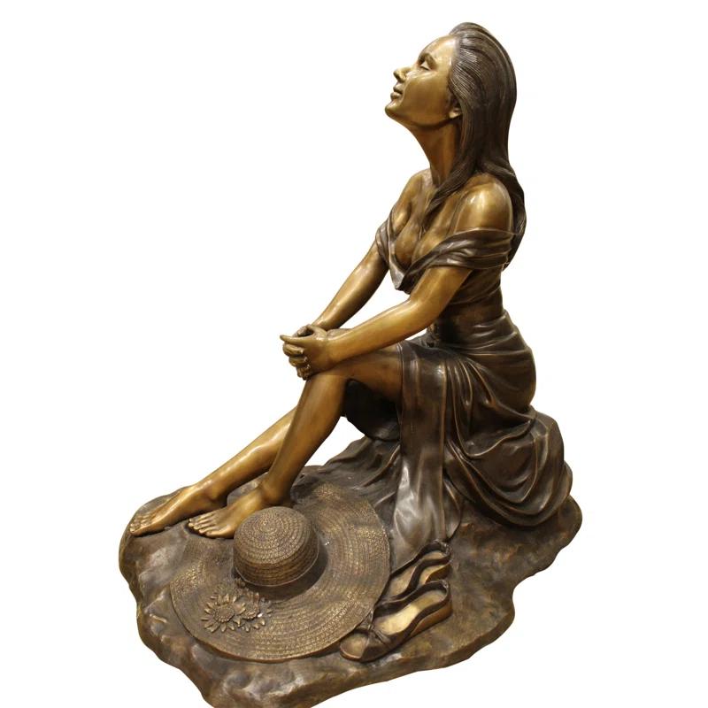 Nifao Statues Lady on Stone Bronze Statue -  Size: 33"L x 23"W x 34"H.
