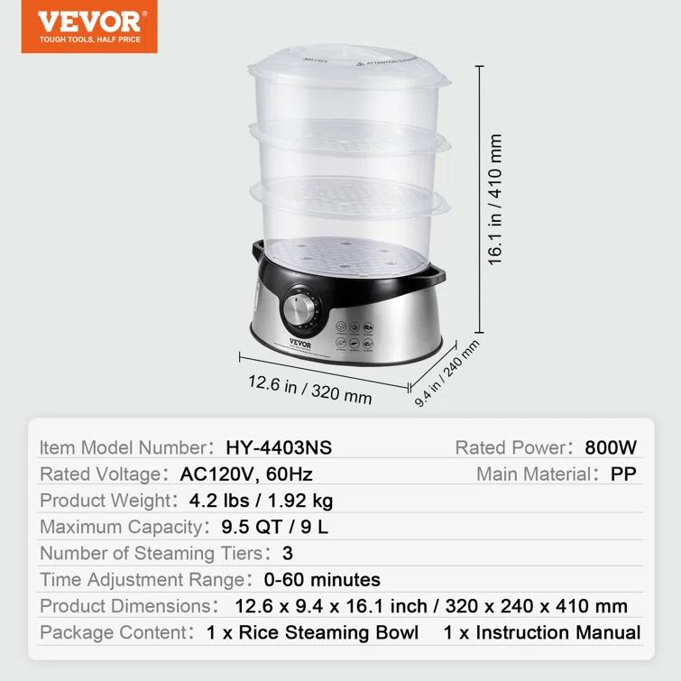 VEVOR VEVOR 9.5Qt Electric Food Steamer 3-Tier Vegetable Steamer & 60 Min Timer 800W