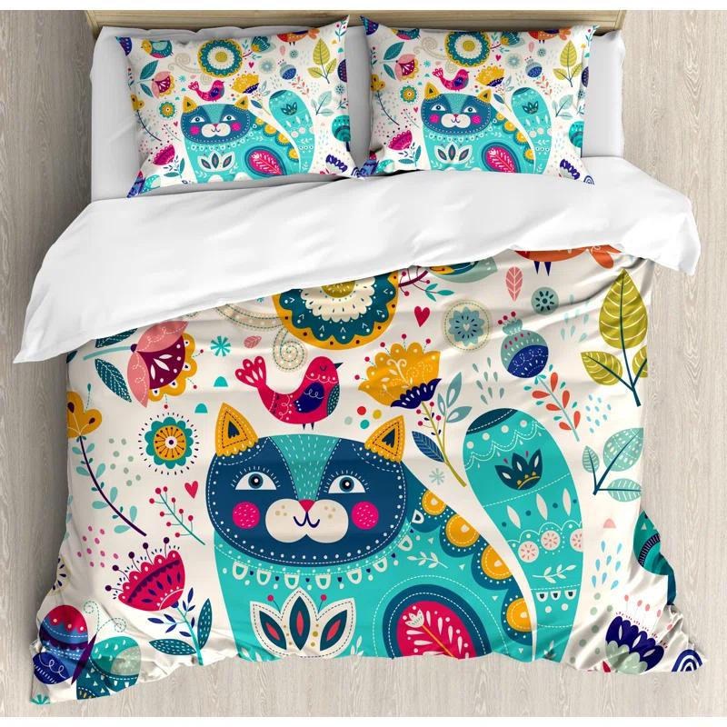 Cat Traditional Floral Duvet Cover Set