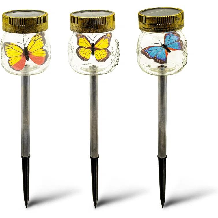 ForeverGiftsInc. Butterfly Jar Black Solar Powered Integrated LED Glass Pathway Light Pack (Set of 3)