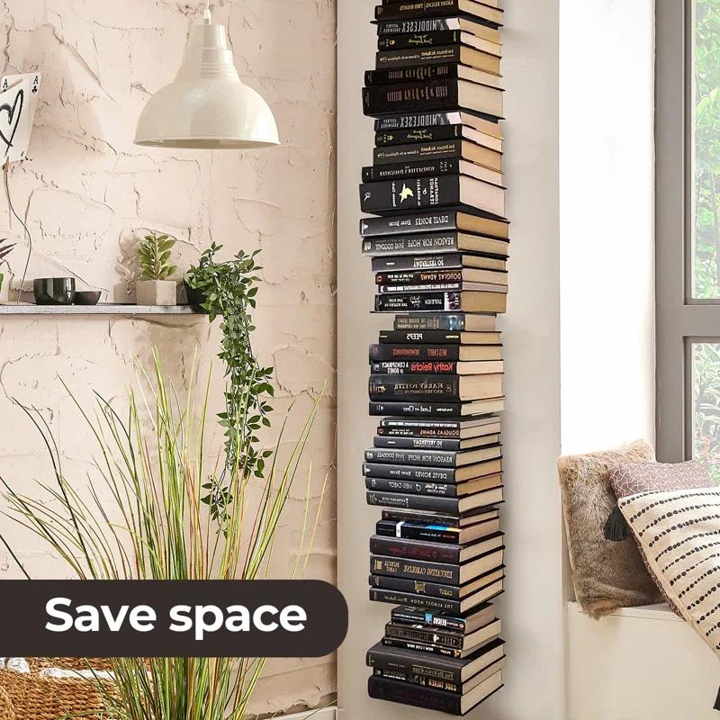 Invisible Floating Bookshelf For Wall Mounted, 4 Tier Vertical Spine Book Tower, 2 Pack White