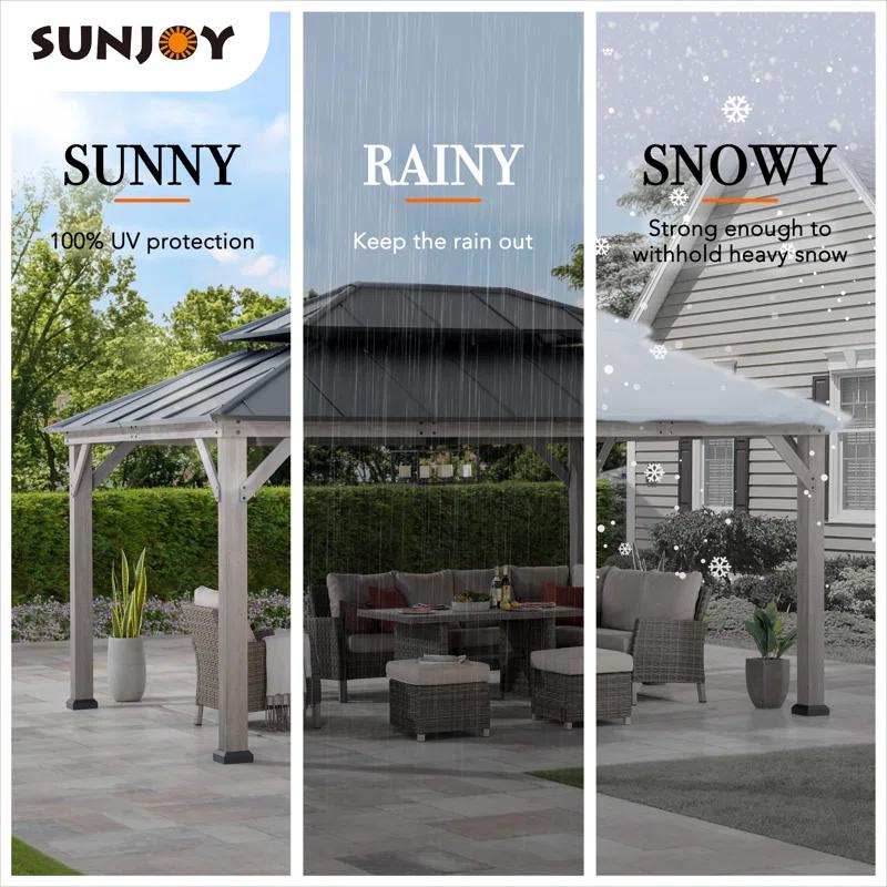 Sunjoy 12x16 ft. Wood Gazebo, Outdoor Patio Steel Hardtop Gazebo, Cedar Framed Wooden Gazebo with 2-tier Metal Roof