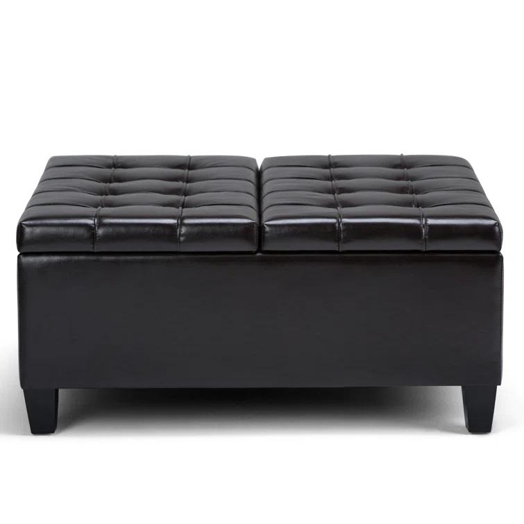 Simpli Home Harrison 36"W Upholstered Square Coffee Table Storage Ottoman with Split Lift Top