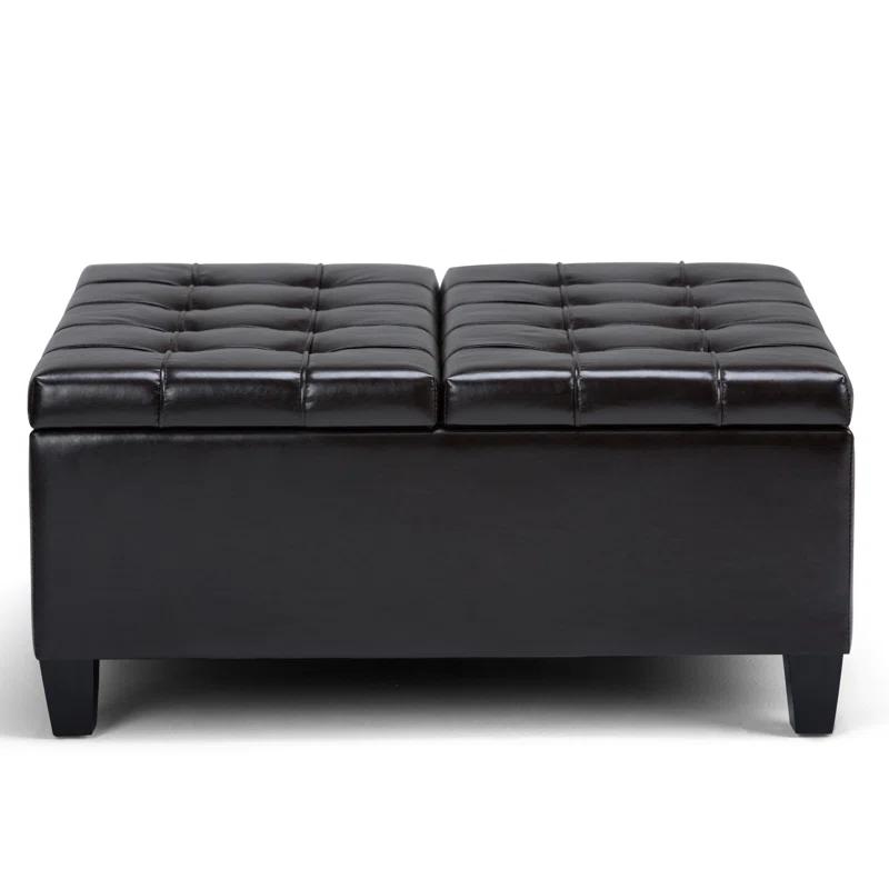 Simpli Home Harrison 36"W Upholstered Square Coffee Table Storage Ottoman with Split Lift Top