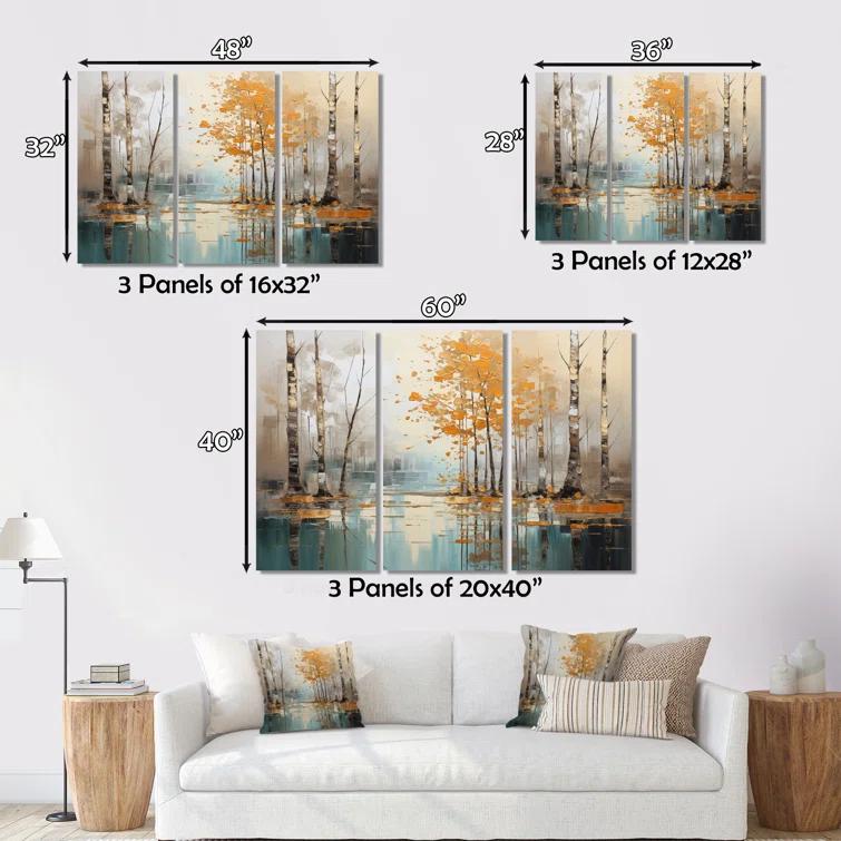 Design Art Birch Woods Golden Reflections I - Tree Birch Metal Wall Art Set