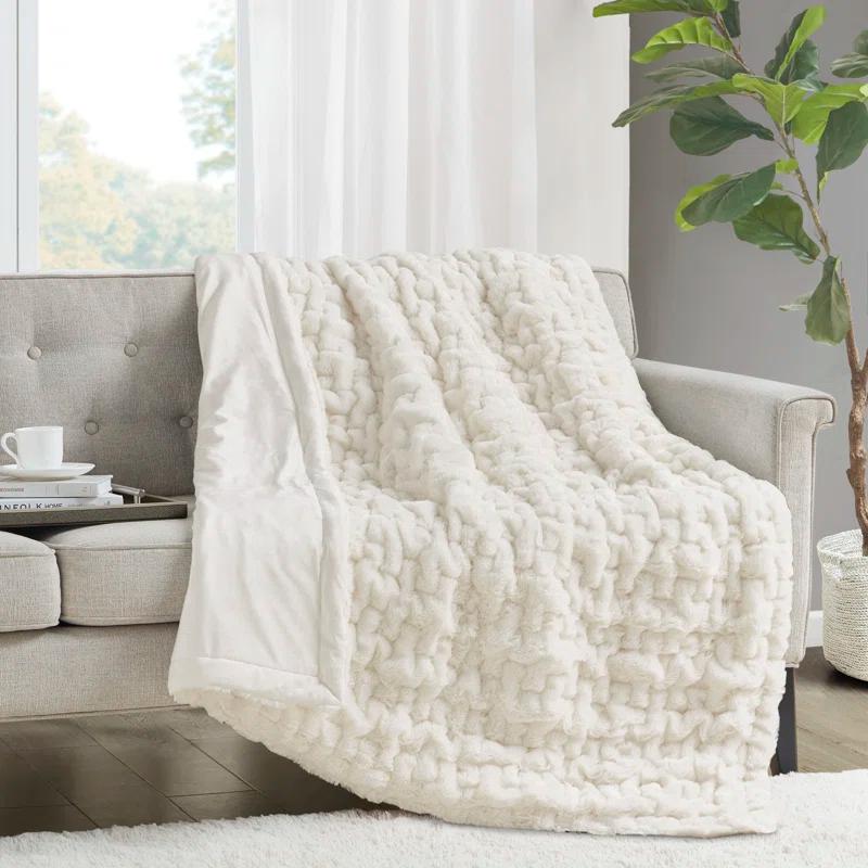 Madison Park Ivory Ruched Fur Throw 50x60"