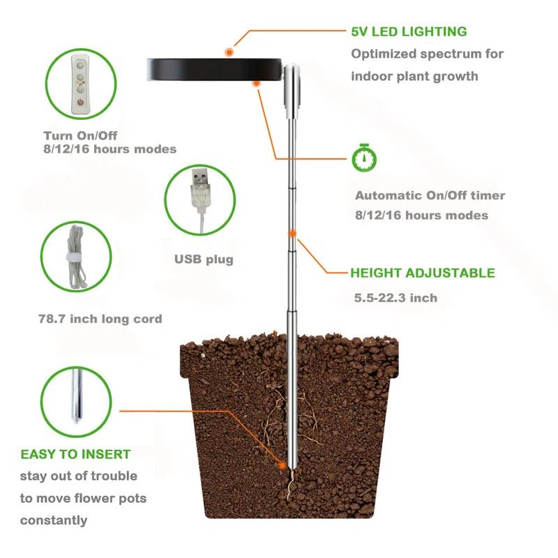 UNIVERSAL WINDOW SOLUTIONS Plant Grow Light, LED Growing Light Full Spectrum For Indoor Plants,Height Adjustable, Automatic Timer, 5V Low Safe Voltage,Idea For Small Plant Light