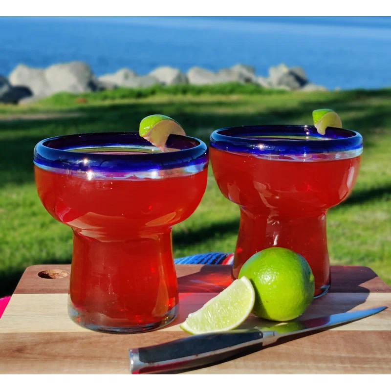 Longshore Tides Mexican Hand Blown Glass - Hand Blown Stemless Blue Rim Margarita Glasses (14oz) & Reviews | Wayfair