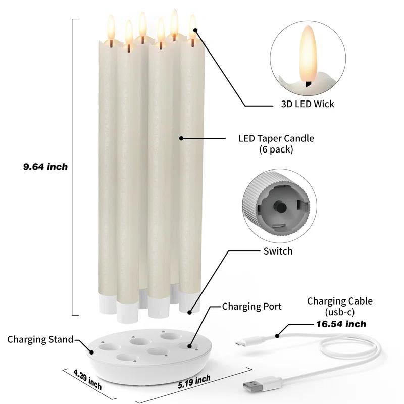 Rechargeable Flameless Taper Candles With Charging Station, 6 Pcs Real Wax LED Taper Candles Flickering With Remote&Timer, 3D Flame Candlesticks For Home Wedding Christmas Decor