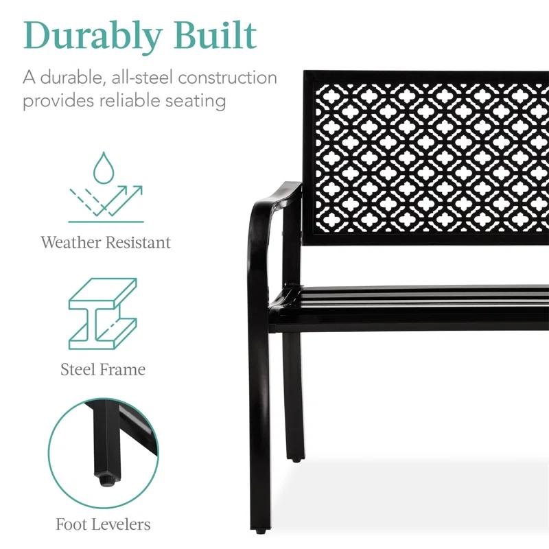 Red Barrel Studio® 2-Person Outdoor Metal Bench with Geometric Backrest, 790lb Capacity, for Garden, Patio, and Entryway