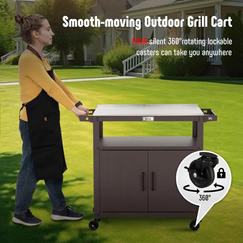 Feasto Feasto Outdoor Grill Cart with Stainless Steel Tabletop and Storage Cabinet, Movable Kitchen Island with Wheels for BBQ Food Prep