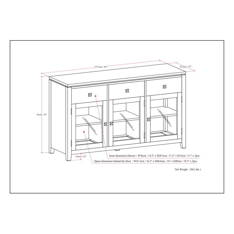 Simpli Home Cosmopolitan 54"W Solid Wood Contemporary 3-Door Sideboard Buffet with 3 Drawers