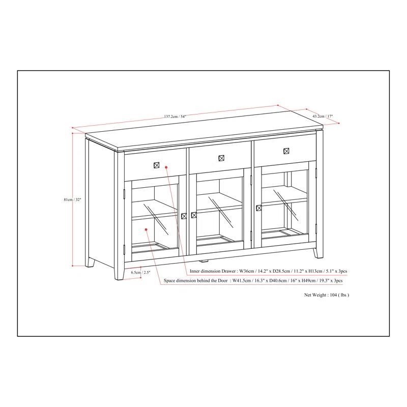 Simpli Home Cosmopolitan 54"W Solid Wood Contemporary 3-Door Sideboard Buffet with 3 Drawers