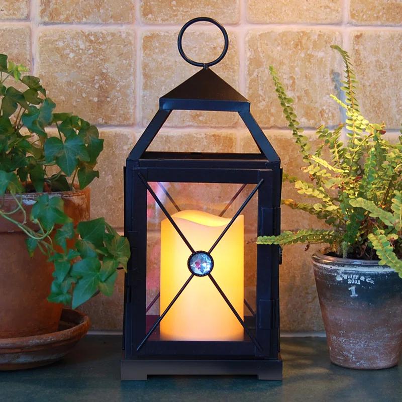 LumaBase Black Gem Metal Lantern with Battery-Operated Candle