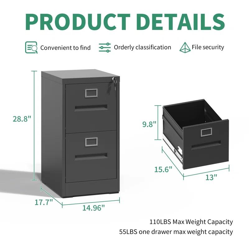 2 Drawer Metal Vertical File Cabinet with Lock for Home Office, A4/Letter/Legal Size, Assembly Required